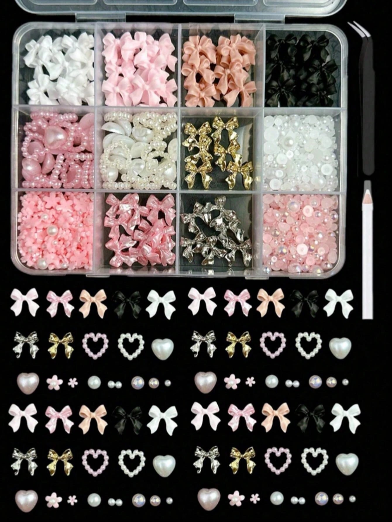 12 Compartments Mixed Resin Pearl Bow, Heart, Mini Flower Decorations, DIY Nail Art Accessories, Cute & Versatile Nail Jewelry Nail Charms