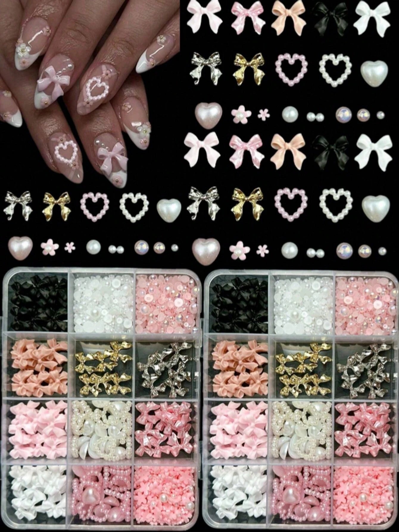 12 Compartments Mixed Resin Pearl Bow, Heart, Mini Flower Decorations, DIY Nail Art Accessories, Cute & Versatile Nail Jewelry Nail Charms
