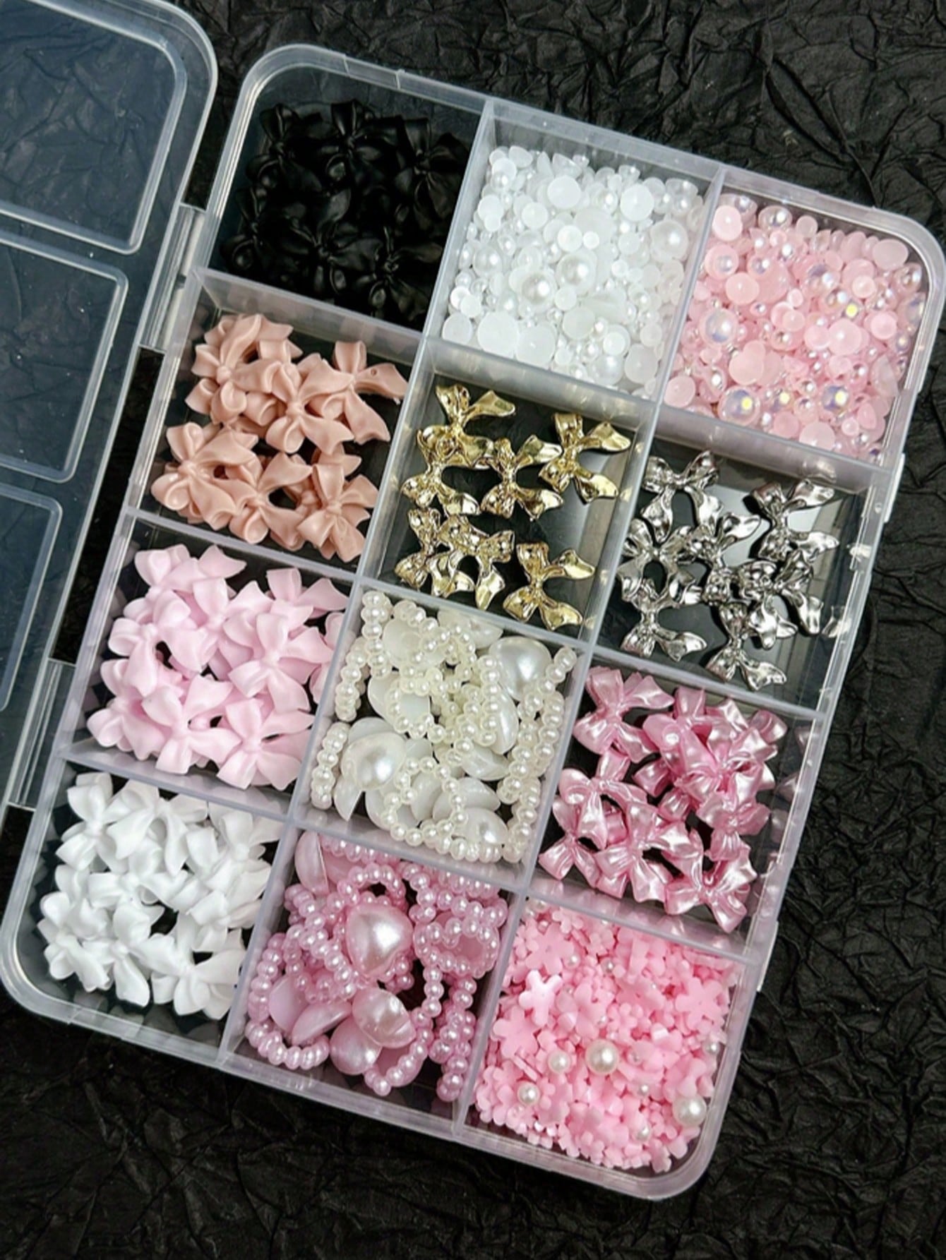 12 Compartments Mixed Resin Pearl Bow, Heart, Mini Flower Decorations, DIY Nail Art Accessories, Cute & Versatile Nail Jewelry Nail Charms