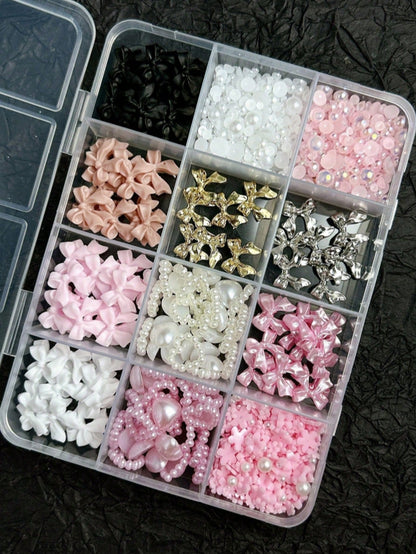12 Compartments Mixed Resin Pearl Bow, Heart, Mini Flower Decorations, DIY Nail Art Accessories, Cute & Versatile Nail Jewelry Nail Charms
