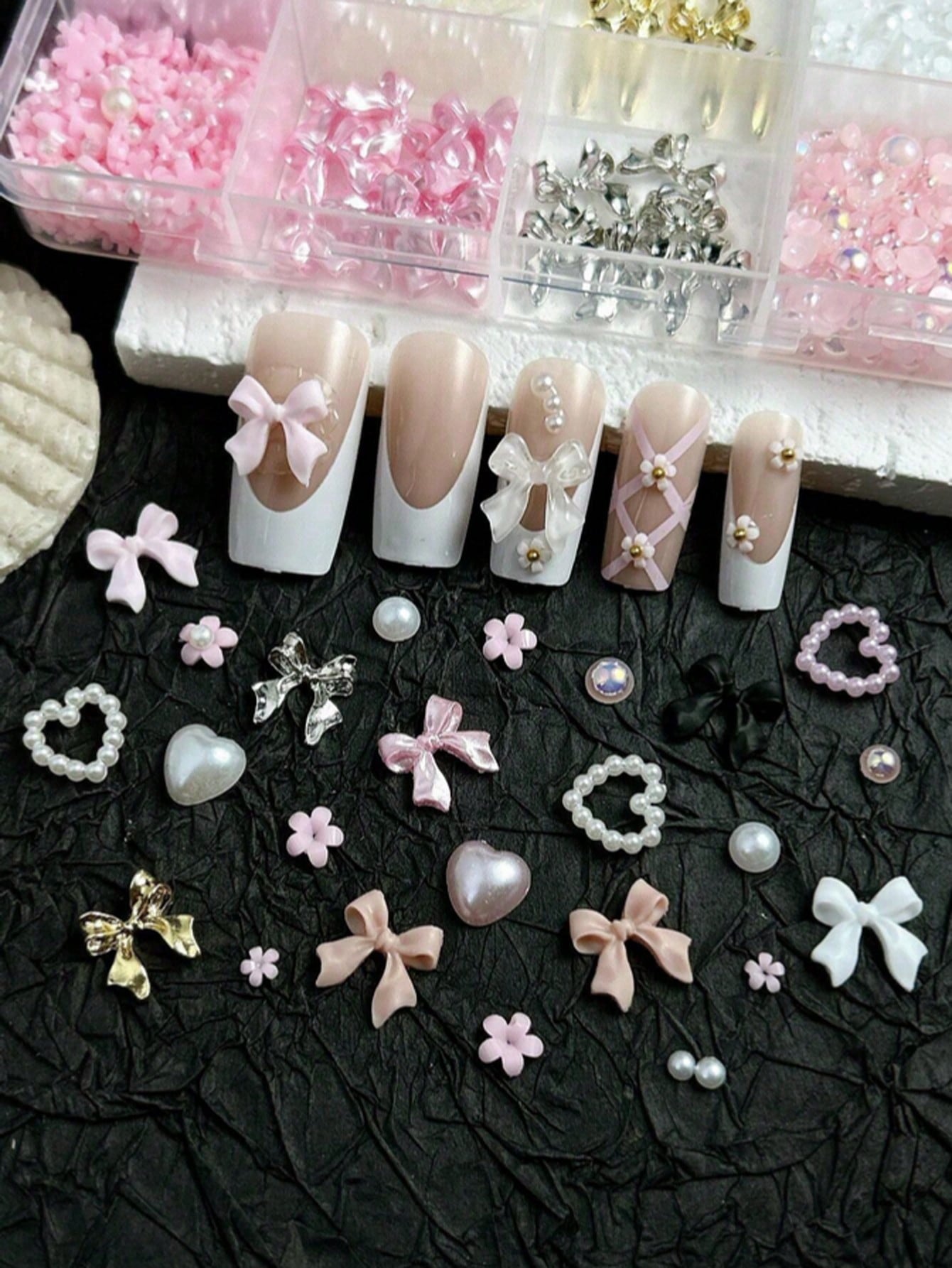 12 Compartments Mixed Resin Pearl Bow, Heart, Mini Flower Decorations, DIY Nail Art Accessories, Cute & Versatile Nail Jewelry Nail Charms
