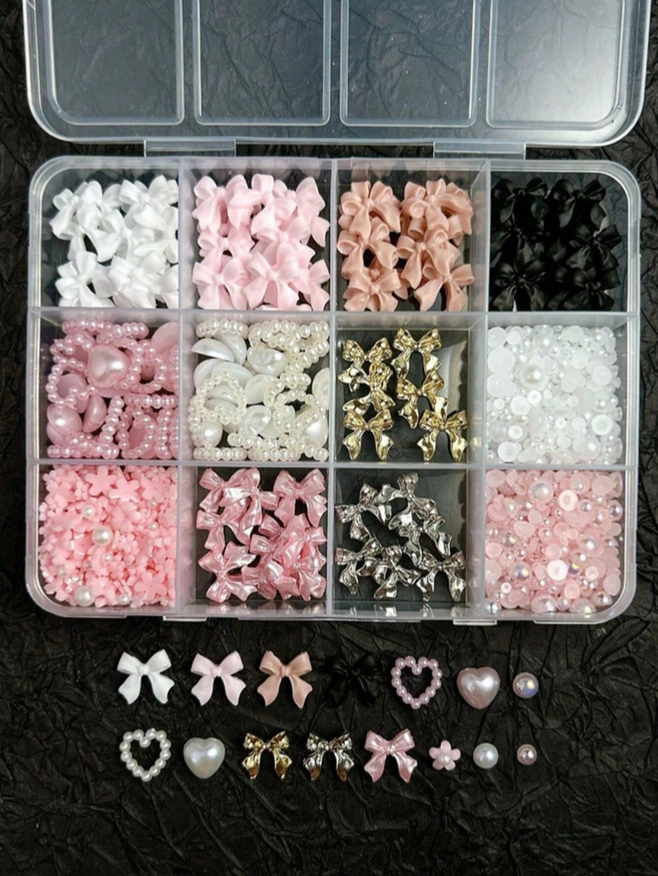 12 Compartments Mixed Resin Pearl Bow, Heart, Mini Flower Decorations, DIY Nail Art Accessories, Cute & Versatile Nail Jewelry Nail Charms