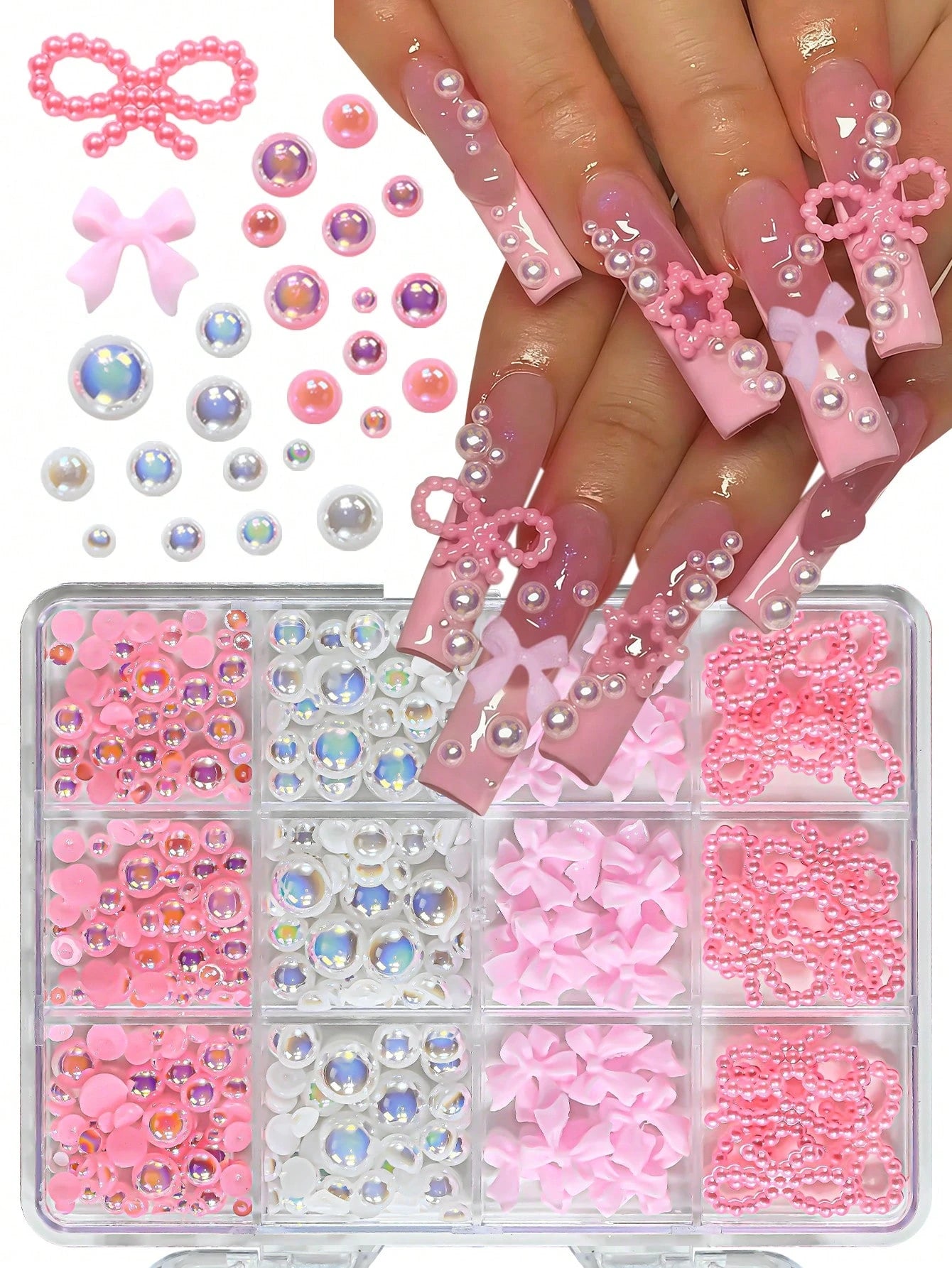 12 Compartments Mixed Resin Pearl Bow, Heart, Mini Flower Decorations, DIY Nail Art Accessories, Cute & Versatile Nail Jewelry Nail Charms