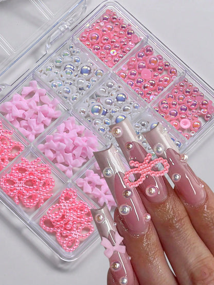 12 Compartments Mixed Resin Pearl Bow, Heart, Mini Flower Decorations, DIY Nail Art Accessories, Cute & Versatile Nail Jewelry Nail Charms