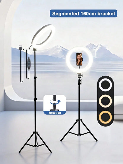 12-Inch Live LED Ring Fill Light| Multifunctional Photography Light, With 160cm Adjustable Stand And Universal Phone Clip, USB Power Supply, Three-Color Switchable, It Is Perfect For Makeup, Video Re