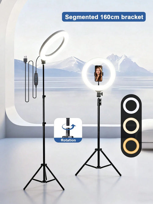 12-Inch Live LED Ring Fill Light| Multifunctional Photography Light, With 160cm Adjustable Stand And Universal Phone Clip, USB Power Supply, Three-Color Switchable, It Is Perfect For Makeup, Video Re
