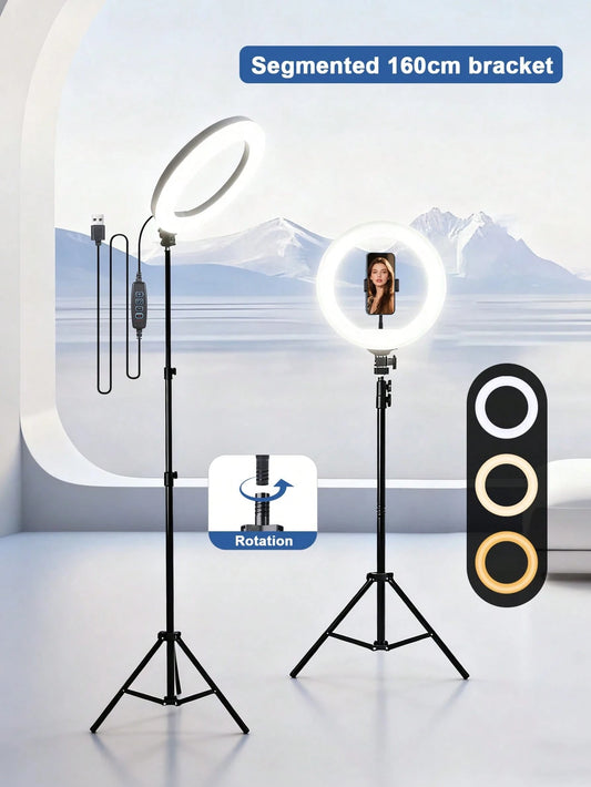 12-Inch Live LED Ring Fill Light| Multifunctional Photography Light, With 160cm Adjustable Stand And Universal Phone Clip, USB Power Supply, Three-Color Switchable, It Is Perfect For Makeup, Video Re