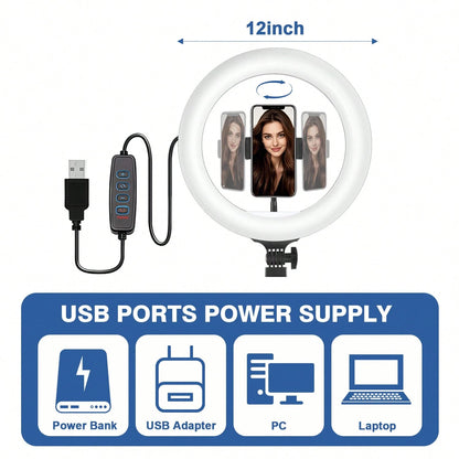 12-Inch Live LED Ring Fill Light| Multifunctional Photography Light, With 160cm Adjustable Stand And Universal Phone Clip, USB Power Supply, Three-Color Switchable, It Is Perfect For Makeup, Video Re