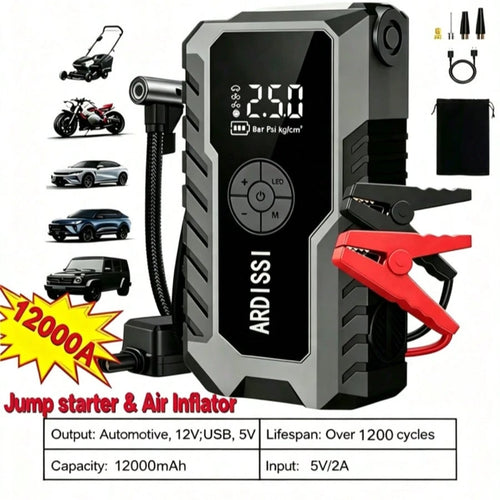 12000A Portable Car Jump Starter, 6-In-1 Multifunctional Battery Booster, Equipped With 150PSI Air Pump, USB-C Fast Charging Port And LED Flashlight, Suitable For 2.64 Gallon Gasoline Or 2.38 Gallon E