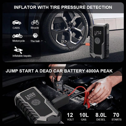 12000A Portable Car Jump Starter, 6-In-1 Multifunctional Battery Booster, Equipped With 150PSI Air Pump, USB-C Fast Charging Port And LED Flashlight, Suitable For 2.64 Gallon Gasoline Or 2.38 Gallon E