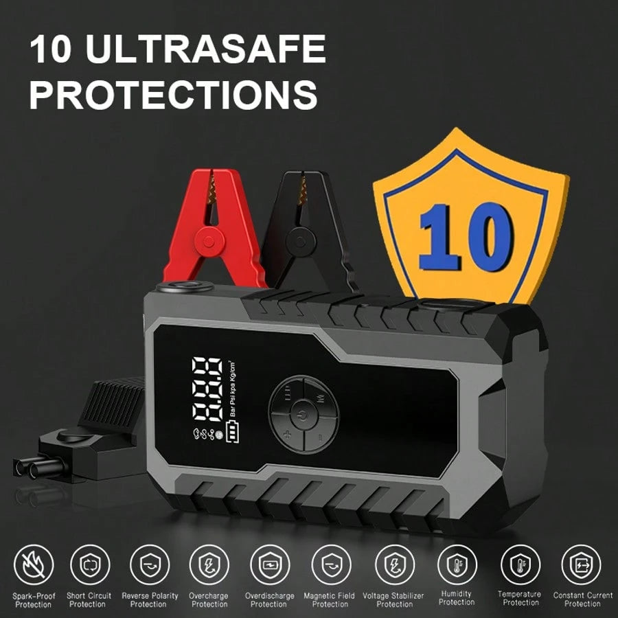 12000A Portable Car Jump Starter, 6-In-1 Multifunctional Battery Booster, Equipped With 150PSI Air Pump, USB-C Fast Charging Port And LED Flashlight, Suitable For 2.64 Gallon Gasoline Or 2.38 Gallon E