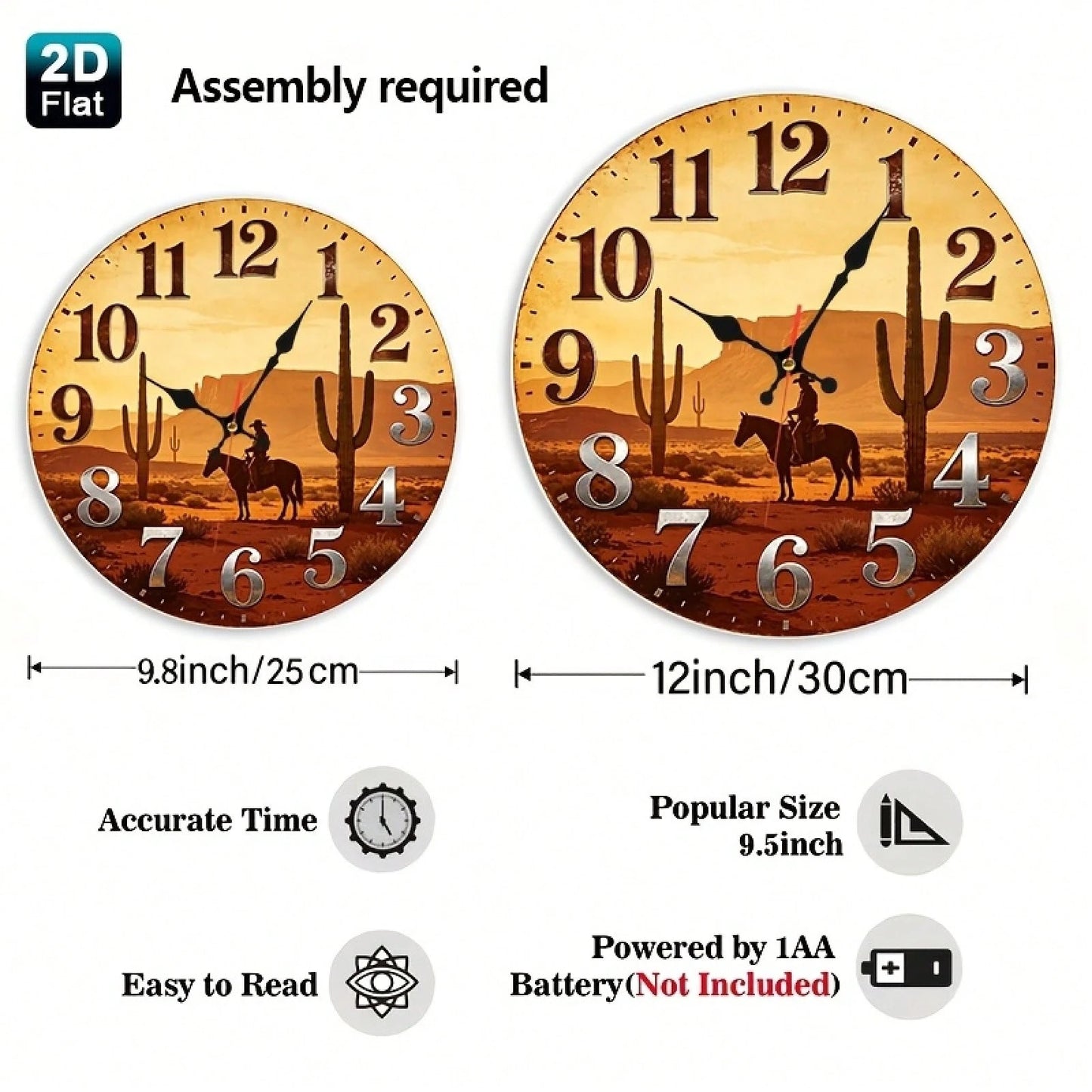 12inch, 1PC, Western Desert Cowboy Silhouette Wooden Silent Wall Clock (Requires 1 AA Battery, Not Included),Room Decor,Home Decor,Wall Decor