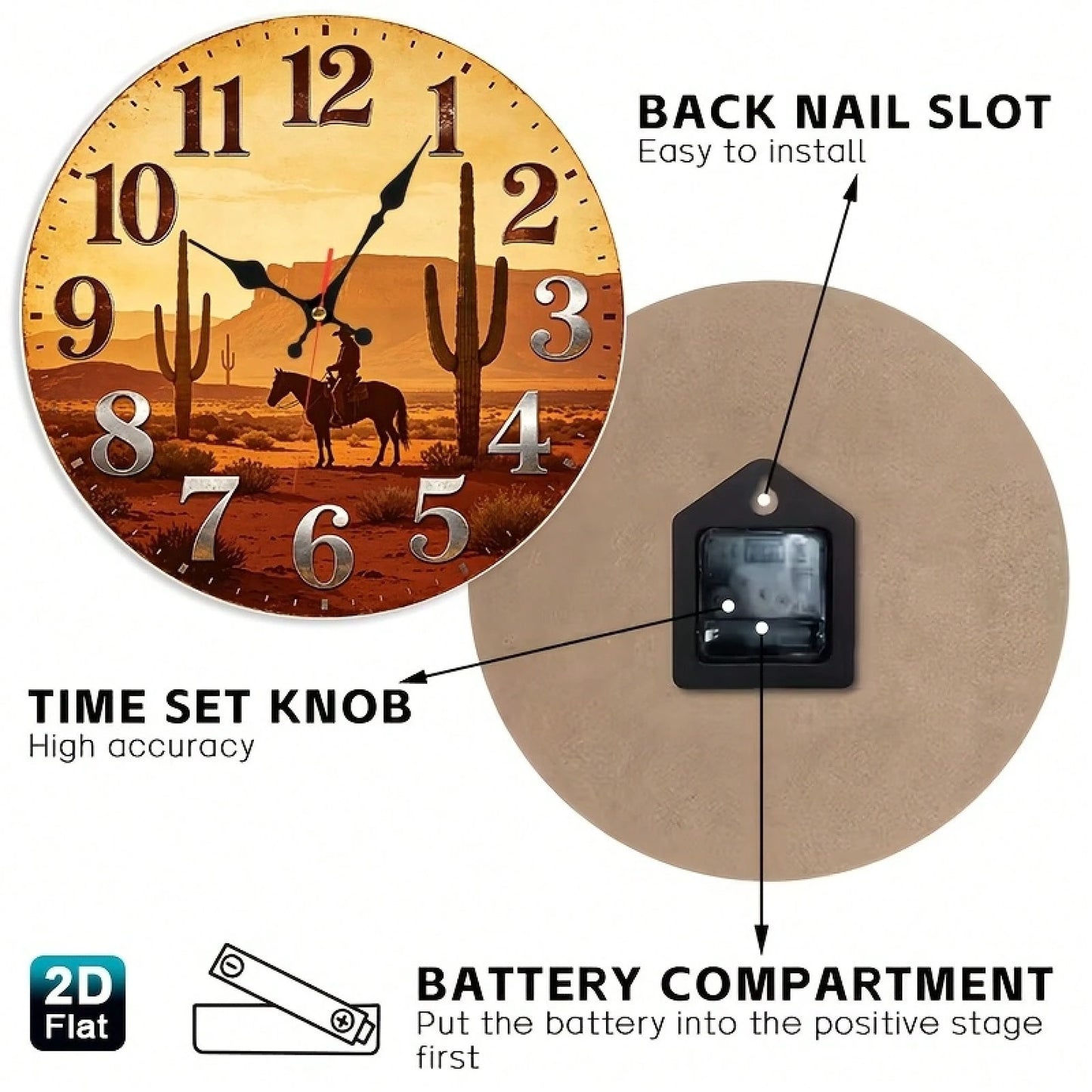 12inch, 1PC, Western Desert Cowboy Silhouette Wooden Silent Wall Clock (Requires 1 AA Battery, Not Included),Room Decor,Home Decor,Wall Decor