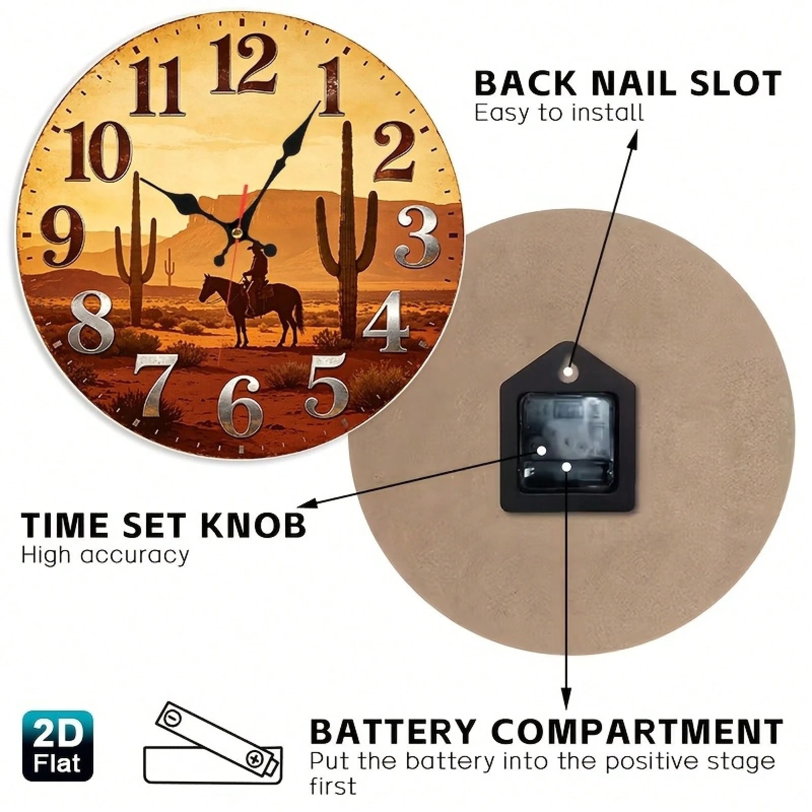 12inch, 1PC, Western Desert Cowboy Silhouette Wooden Silent Wall Clock (Requires 1 AA Battery, Not Included),Room Decor,Home Decor,Wall Decor