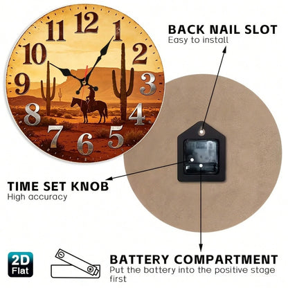 12inch, 1PC, Western Desert Cowboy Silhouette Wooden Silent Wall Clock (Requires 1 AA Battery, Not Included),Room Decor,Home Decor,Wall Decor