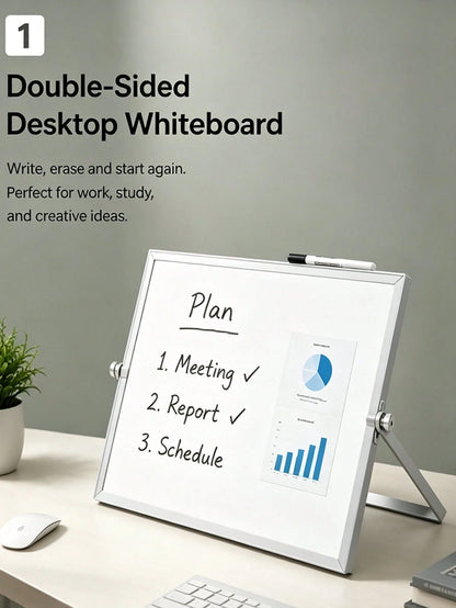 12pcs Aluminum Alloy Frame Desktop Whiteboard Set (Includes 4 Whiteboard Markers + 6 Magnetic Clips + 1 Eraser, Whiteboard Marker Colors Random)- Double-Sided Memo Board With Stand, Suitable For Offi