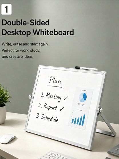 12pcs Aluminum Alloy Frame Desktop Whiteboard Set (Includes 4 Whiteboard Markers + 6 Magnetic Clips + 1 Eraser, Whiteboard Marker Colors Random)- Double-Sided Memo Board With Stand, Suitable For Offi