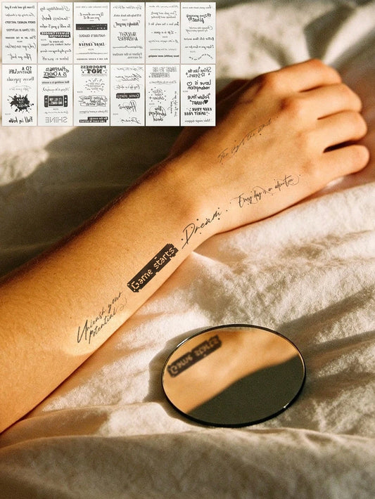 12pcs Inspirational Quotes Temporary Tattoo Stickers, Waterproof Long-Lasting Black Text Fake Tattoo Decals, Unisex Motivational Letter Body Art Stickers, Suitable For Back To School, Holiday Parties