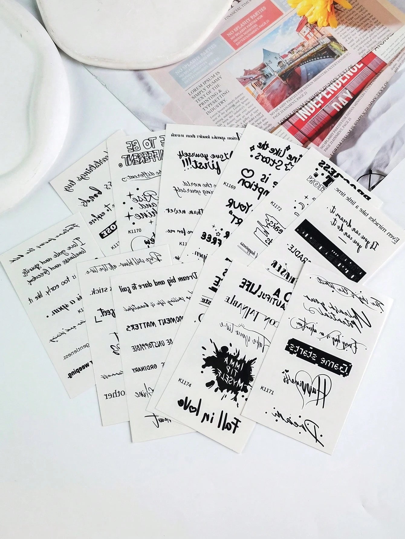 12pcs Inspirational Quotes Temporary Tattoo Stickers, Waterproof Long-Lasting Black Text Fake Tattoo Decals, Unisex Motivational Letter Body Art Stickers, Suitable For Back To School, Holiday Parties