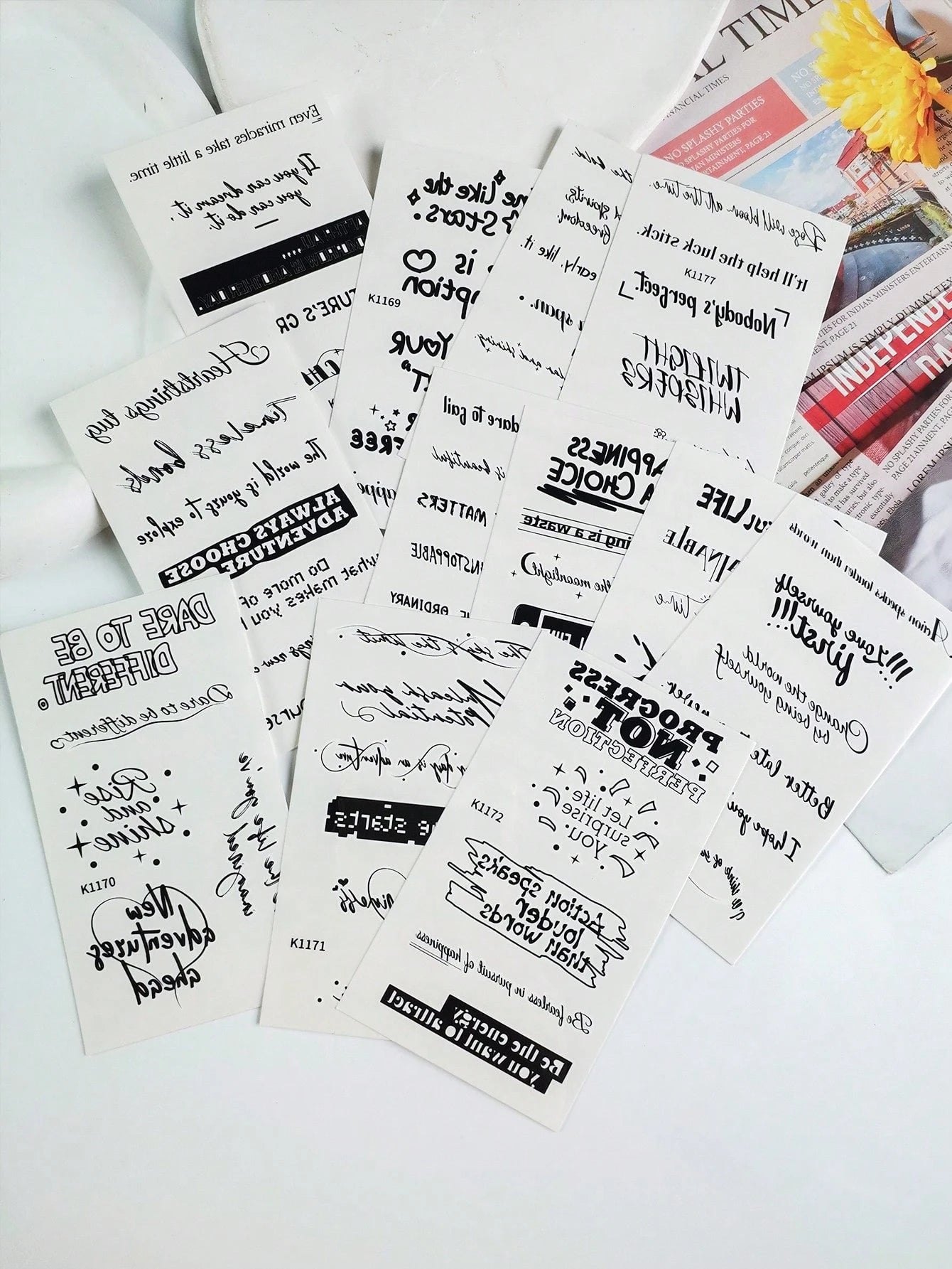 12pcs Inspirational Quotes Temporary Tattoo Stickers, Waterproof Long-Lasting Black Text Fake Tattoo Decals, Unisex Motivational Letter Body Art Stickers, Suitable For Back To School, Holiday Parties
