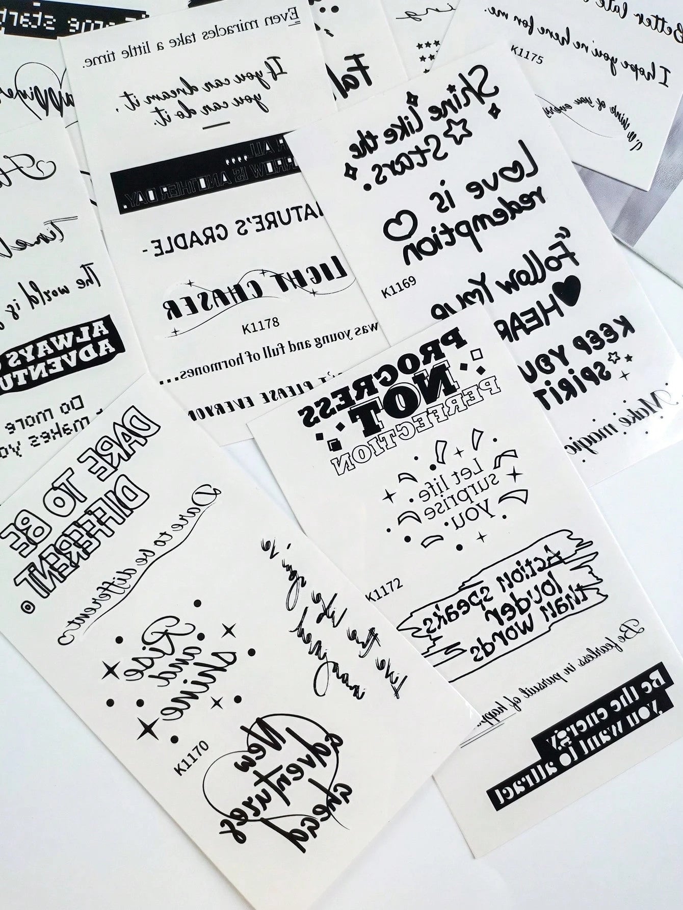 12pcs Inspirational Quotes Temporary Tattoo Stickers, Waterproof Long-Lasting Black Text Fake Tattoo Decals, Unisex Motivational Letter Body Art Stickers, Suitable For Back To School, Holiday Parties