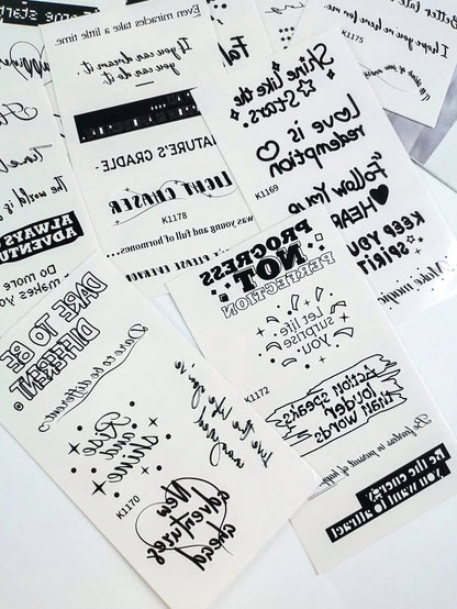12pcs Inspirational Quotes Temporary Tattoo Stickers, Waterproof Long-Lasting Black Text Fake Tattoo Decals, Unisex Motivational Letter Body Art Stickers, Suitable For Back To School, Holiday Parties