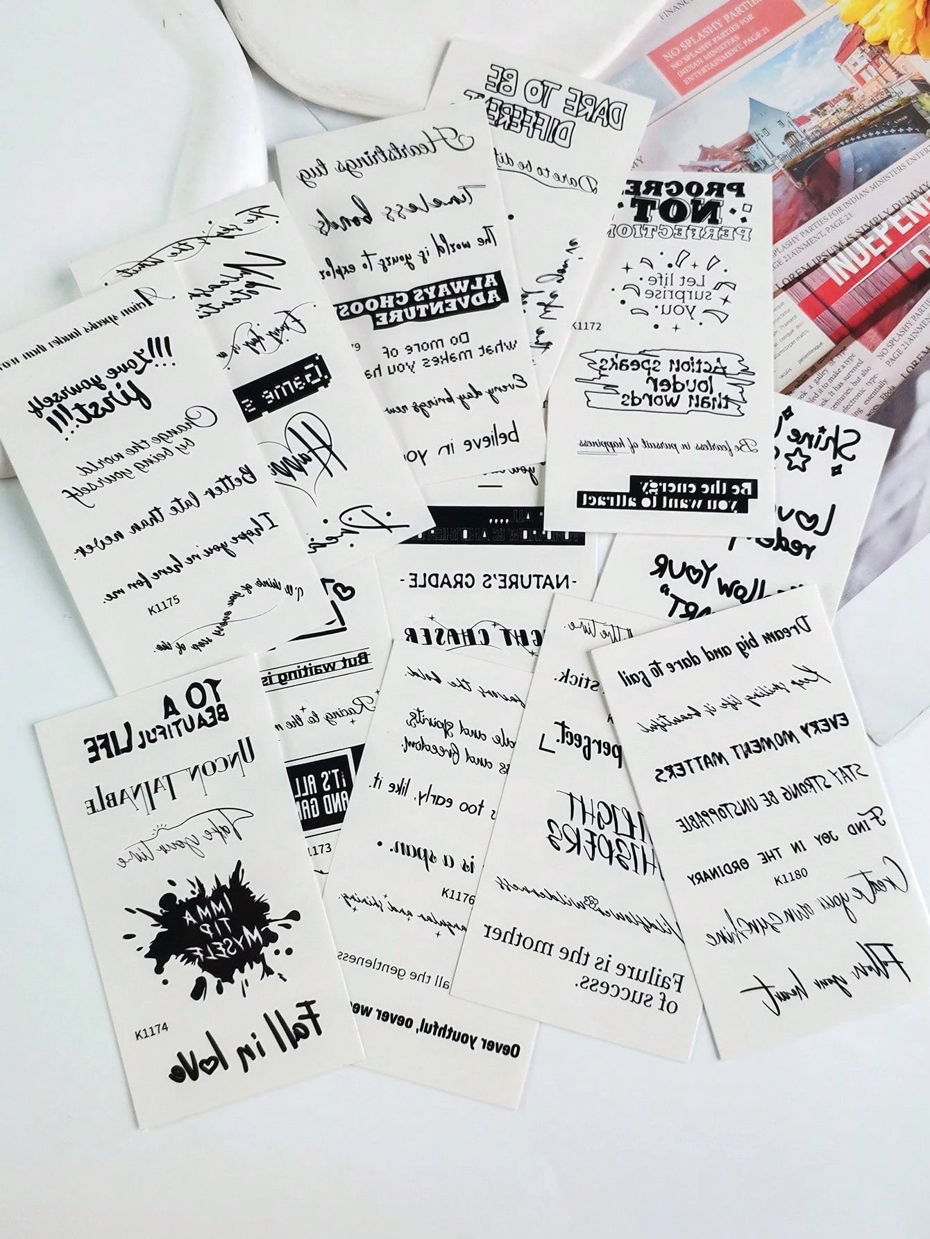 12pcs Inspirational Quotes Temporary Tattoo Stickers, Waterproof Long-Lasting Black Text Fake Tattoo Decals, Unisex Motivational Letter Body Art Stickers, Suitable For Back To School, Holiday Parties