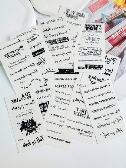 12pcs Inspirational Quotes Temporary Tattoo Stickers, Waterproof Long-Lasting Black Text Fake Tattoo Decals, Unisex Motivational Letter Body Art Stickers, Suitable For Back To School, Holiday Parties