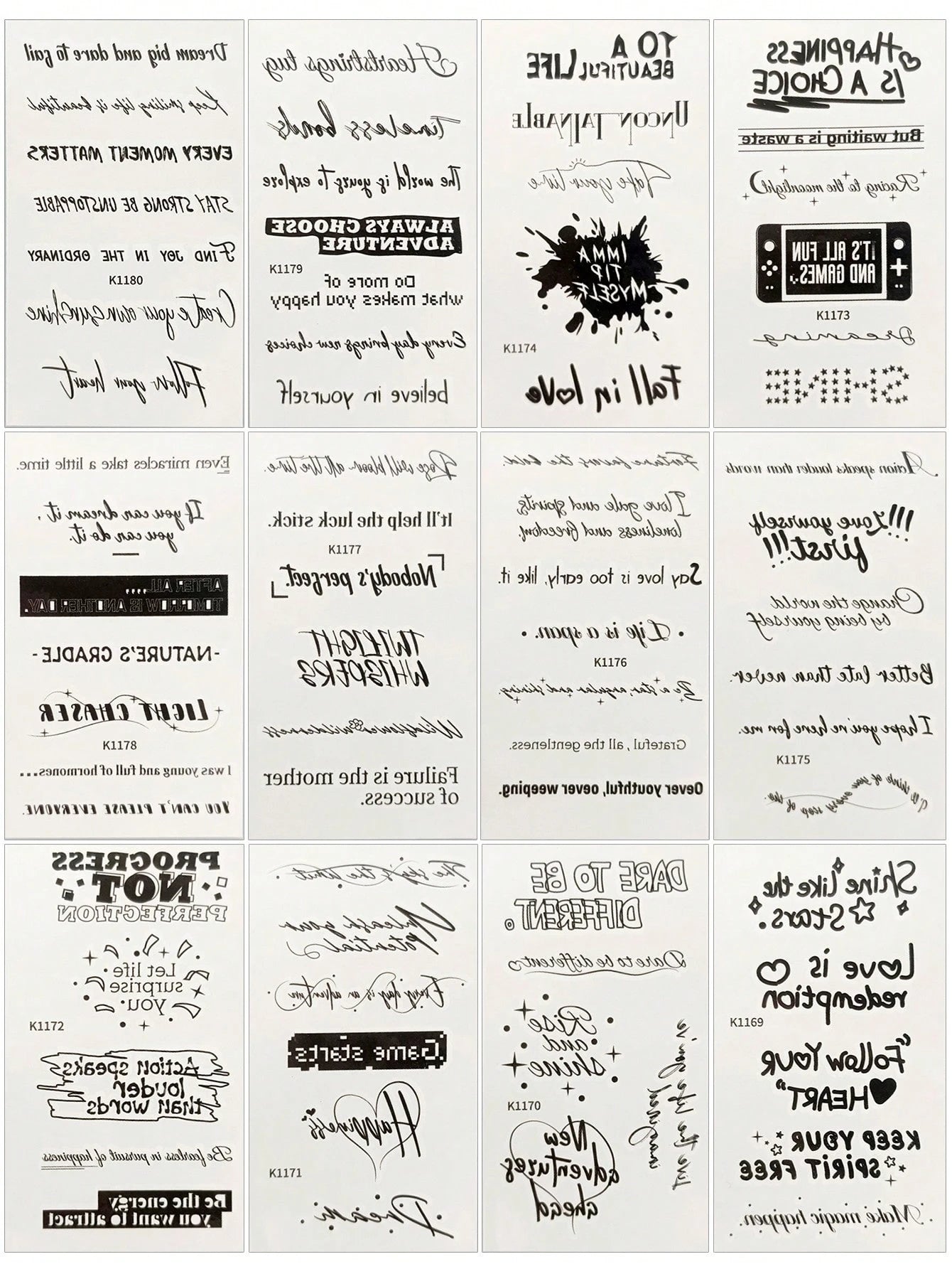 12pcs Inspirational Quotes Temporary Tattoo Stickers, Waterproof Long-Lasting Black Text Fake Tattoo Decals, Unisex Motivational Letter Body Art Stickers, Suitable For Back To School, Holiday Parties