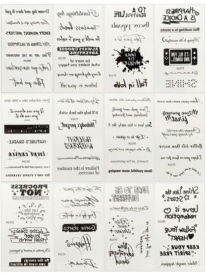 12pcs Inspirational Quotes Temporary Tattoo Stickers, Waterproof Long-Lasting Black Text Fake Tattoo Decals, Unisex Motivational Letter Body Art Stickers, Suitable For Back To School, Holiday Parties