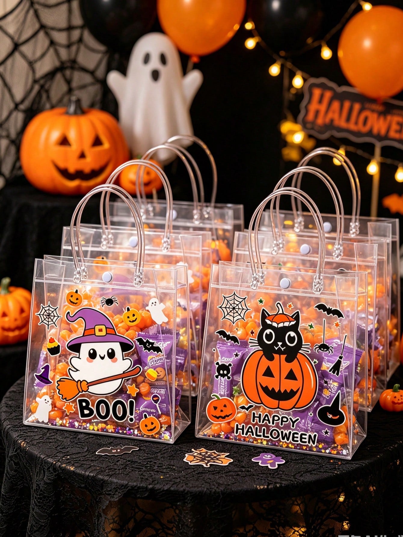 12pcs Transparent PVC Halloween Theme Assorted Gift Bags With Handles, Halloween Ghost Pumpkin Black Cat Design Gift Packaging Bags, Halloween Gift Bags, Candy Bags, Halloween Party Supplies, Suitable