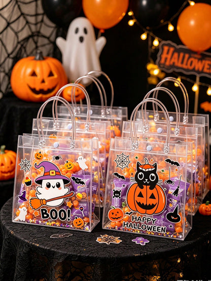 12pcs Transparent PVC Halloween Theme Assorted Gift Bags With Handles, Halloween Ghost Pumpkin Black Cat Design Gift Packaging Bags, Halloween Gift Bags, Candy Bags, Halloween Party Supplies, Suitable