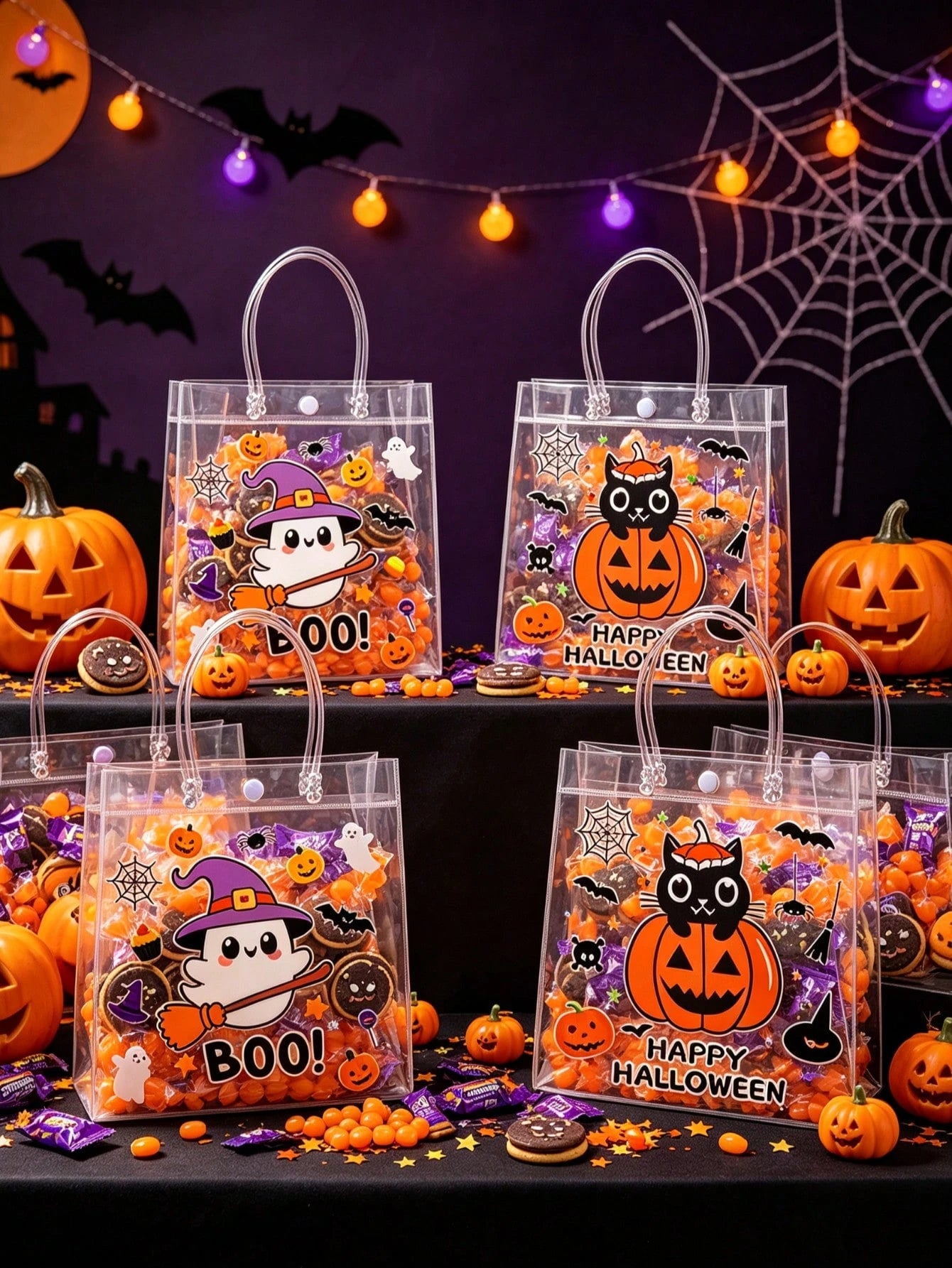 12pcs Transparent PVC Halloween Theme Assorted Gift Bags With Handles, Halloween Ghost Pumpkin Black Cat Design Gift Packaging Bags, Halloween Gift Bags, Candy Bags, Halloween Party Supplies, Suitable