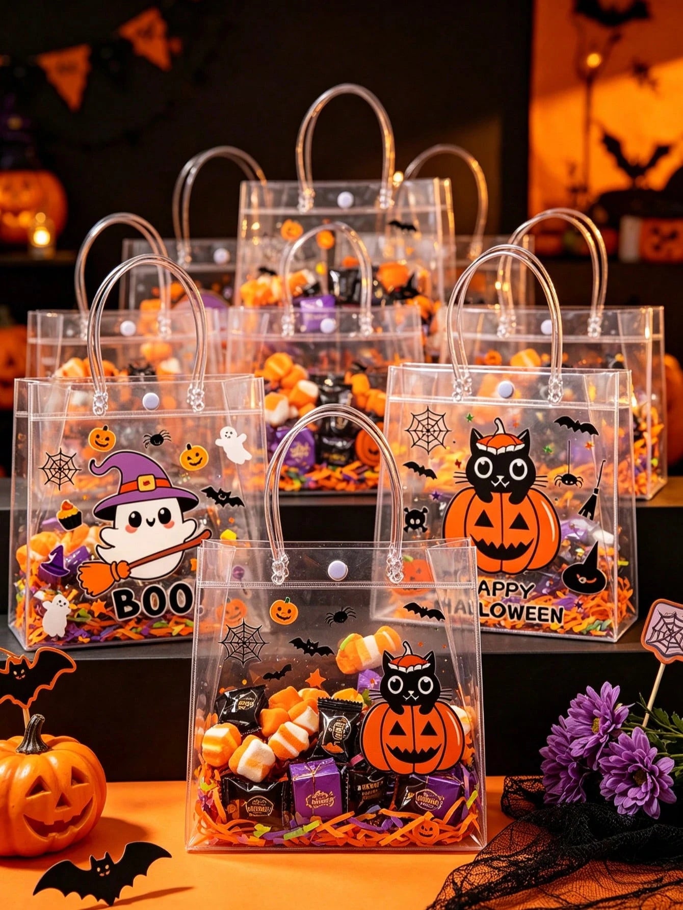 12pcs Transparent PVC Halloween Theme Assorted Gift Bags With Handles, Halloween Ghost Pumpkin Black Cat Design Gift Packaging Bags, Halloween Gift Bags, Candy Bags, Halloween Party Supplies, Suitable