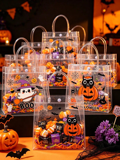 12pcs Transparent PVC Halloween Theme Assorted Gift Bags With Handles, Halloween Ghost Pumpkin Black Cat Design Gift Packaging Bags, Halloween Gift Bags, Candy Bags, Halloween Party Supplies, Suitable