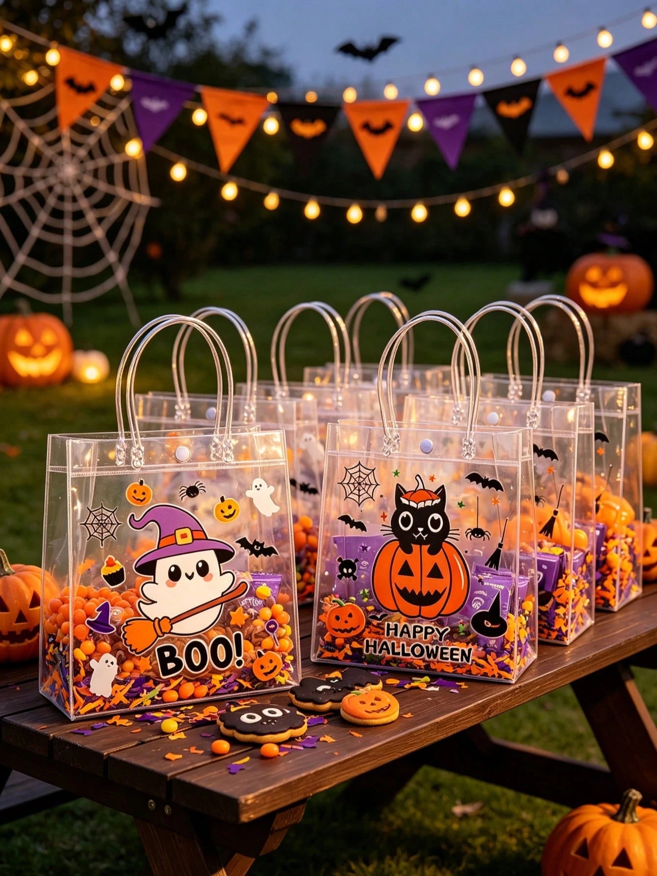 12pcs Transparent PVC Halloween Theme Assorted Gift Bags With Handles, Halloween Ghost Pumpkin Black Cat Design Gift Packaging Bags, Halloween Gift Bags, Candy Bags, Halloween Party Supplies, Suitable