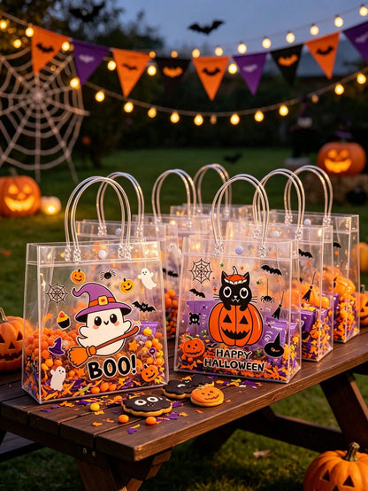 12pcs Transparent PVC Halloween Theme Assorted Gift Bags With Handles, Halloween Ghost Pumpkin Black Cat Design Gift Packaging Bags, Halloween Gift Bags, Candy Bags, Halloween Party Supplies, Suitable