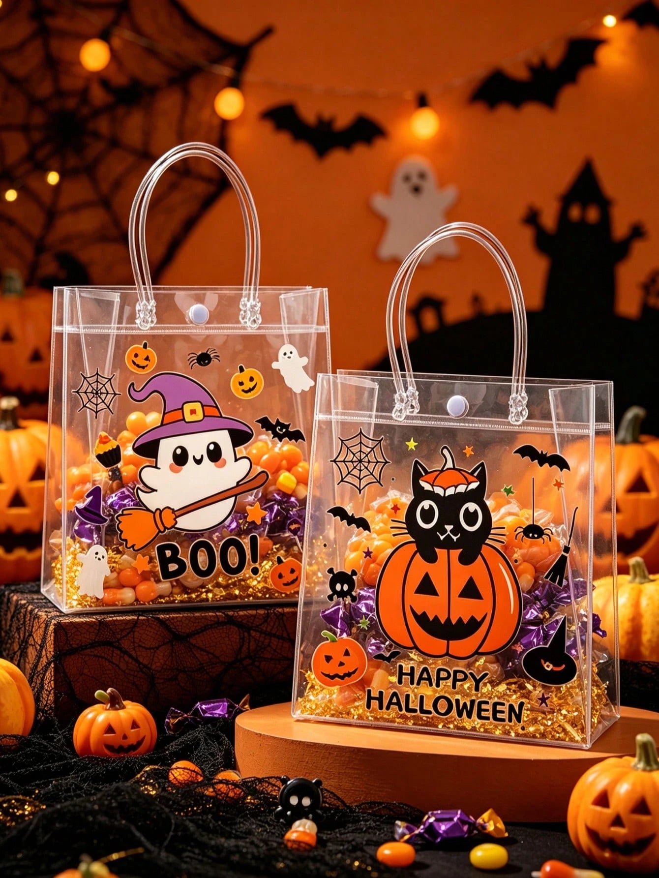 12pcs Transparent PVC Halloween Theme Assorted Gift Bags With Handles, Halloween Ghost Pumpkin Black Cat Design Gift Packaging Bags, Halloween Gift Bags, Candy Bags, Halloween Party Supplies, Suitable