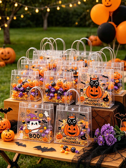 12pcs Transparent PVC Halloween Theme Assorted Gift Bags With Handles, Halloween Ghost Pumpkin Black Cat Design Gift Packaging Bags, Halloween Gift Bags, Candy Bags, Halloween Party Supplies, Suitable
