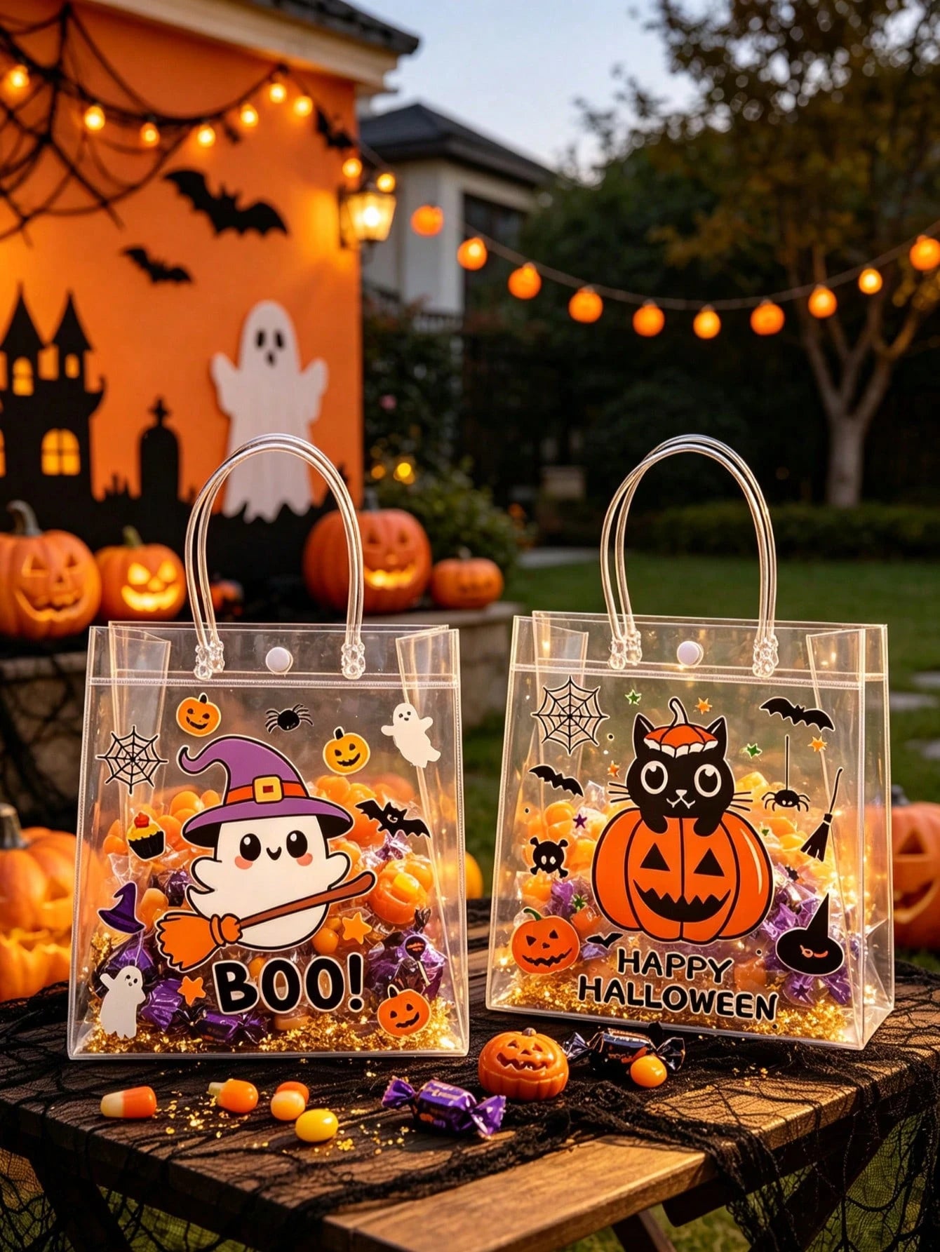 12pcs Transparent PVC Halloween Theme Assorted Gift Bags With Handles, Halloween Ghost Pumpkin Black Cat Design Gift Packaging Bags, Halloween Gift Bags, Candy Bags, Halloween Party Supplies, Suitable