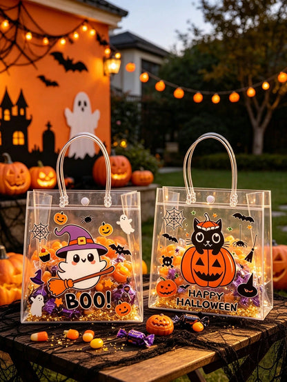 12pcs Transparent PVC Halloween Theme Assorted Gift Bags With Handles, Halloween Ghost Pumpkin Black Cat Design Gift Packaging Bags, Halloween Gift Bags, Candy Bags, Halloween Party Supplies, Suitable