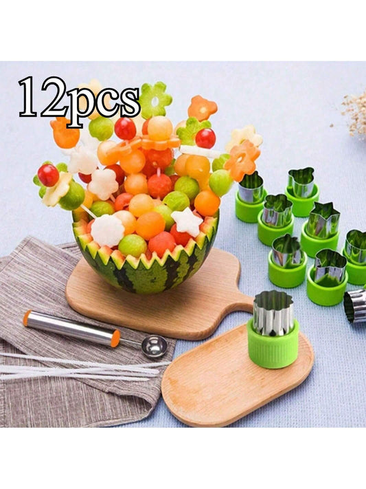12pcs Vegetable Shaped Cookie Cutters, Stainless Steel Biscuit Cutters, Fruit Shaped Stamp Molds, Fruit Shaping Tools, Chocolate Cutters, Cake Decorating Molds, Salad Making Tools, Baking Tools, Kitch