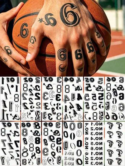 12pcs Y2K Chicano Digital Temporary Tattoo Stickers- Back To School Gift Set, Waterproof Sports Style 0-9 Number Stickers, Suitable For School Sports Events, Competitions, Parties And Activities
