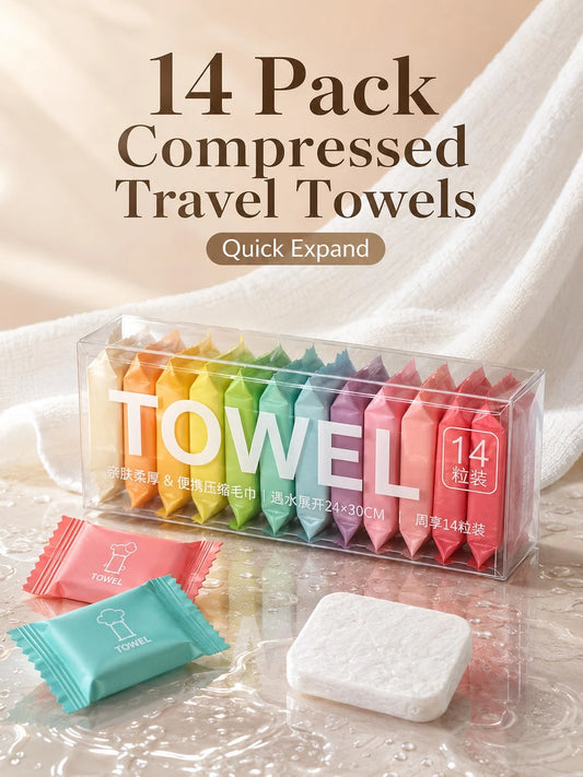 14 Pack Compressed Travel Towels, Individually Wrapped Quick-Expand Disposable Face Towels, Soft Absorbent Portable Washcloths For Travel, Camping, Gym, Hotel, Makeup Removal, Road Trip, Car, Outdoor