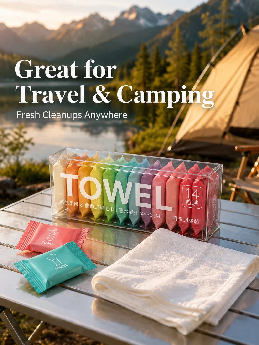 14 Pack Compressed Travel Towels, Individually Wrapped Quick-Expand Disposable Face Towels, Soft Absorbent Portable Washcloths For Travel, Camping, Gym, Hotel, Makeup Removal, Road Trip, Car, Outdoor
