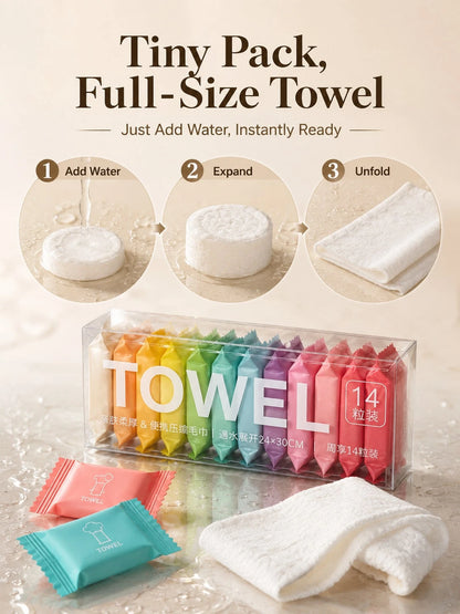 14 Pack Compressed Travel Towels, Individually Wrapped Quick-Expand Disposable Face Towels, Soft Absorbent Portable Washcloths For Travel, Camping, Gym, Hotel, Makeup Removal, Road Trip, Car, Outdoor