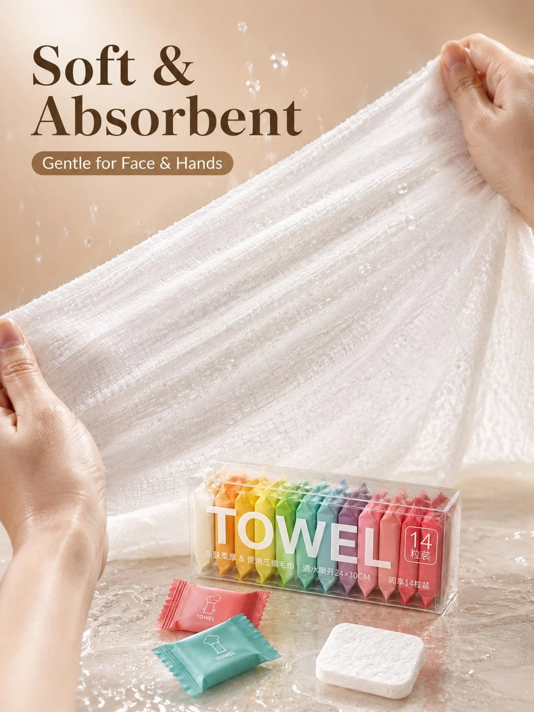 14 Pack Compressed Travel Towels, Individually Wrapped Quick-Expand Disposable Face Towels, Soft Absorbent Portable Washcloths For Travel, Camping, Gym, Hotel, Makeup Removal, Road Trip, Car, Outdoor