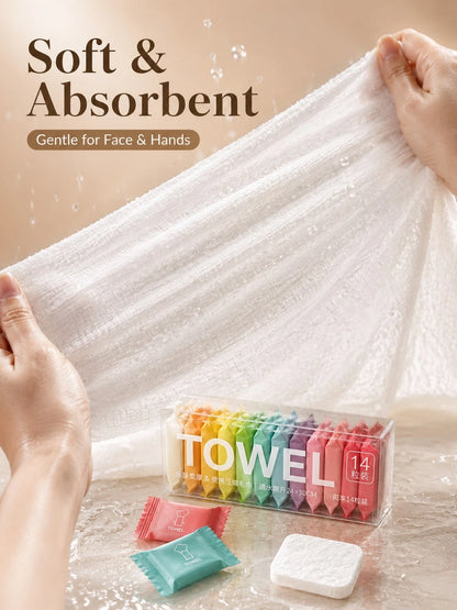 14 Pack Compressed Travel Towels, Individually Wrapped Quick-Expand Disposable Face Towels, Soft Absorbent Portable Washcloths For Travel, Camping, Gym, Hotel, Makeup Removal, Road Trip, Car, Outdoor