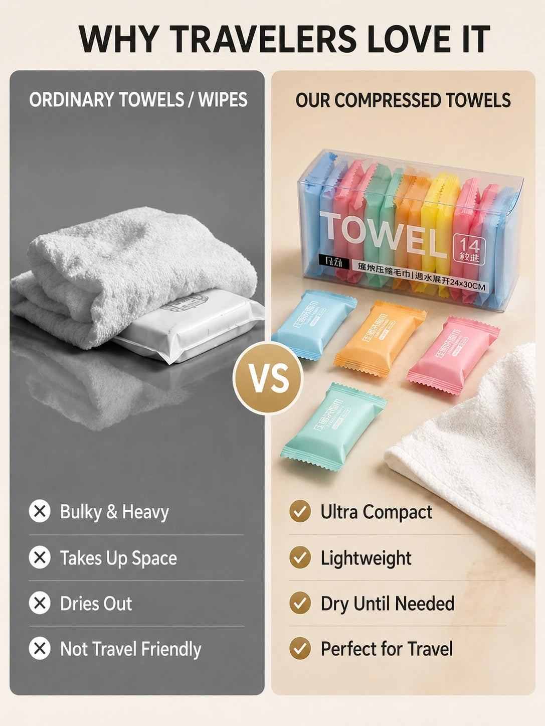 14 Pack Compressed Travel Towels, Individually Wrapped Quick-Expand Disposable Face Towels, Soft Absorbent Portable Washcloths For Travel, Camping, Gym, Hotel, Makeup Removal, Road Trip, Car, Outdoor