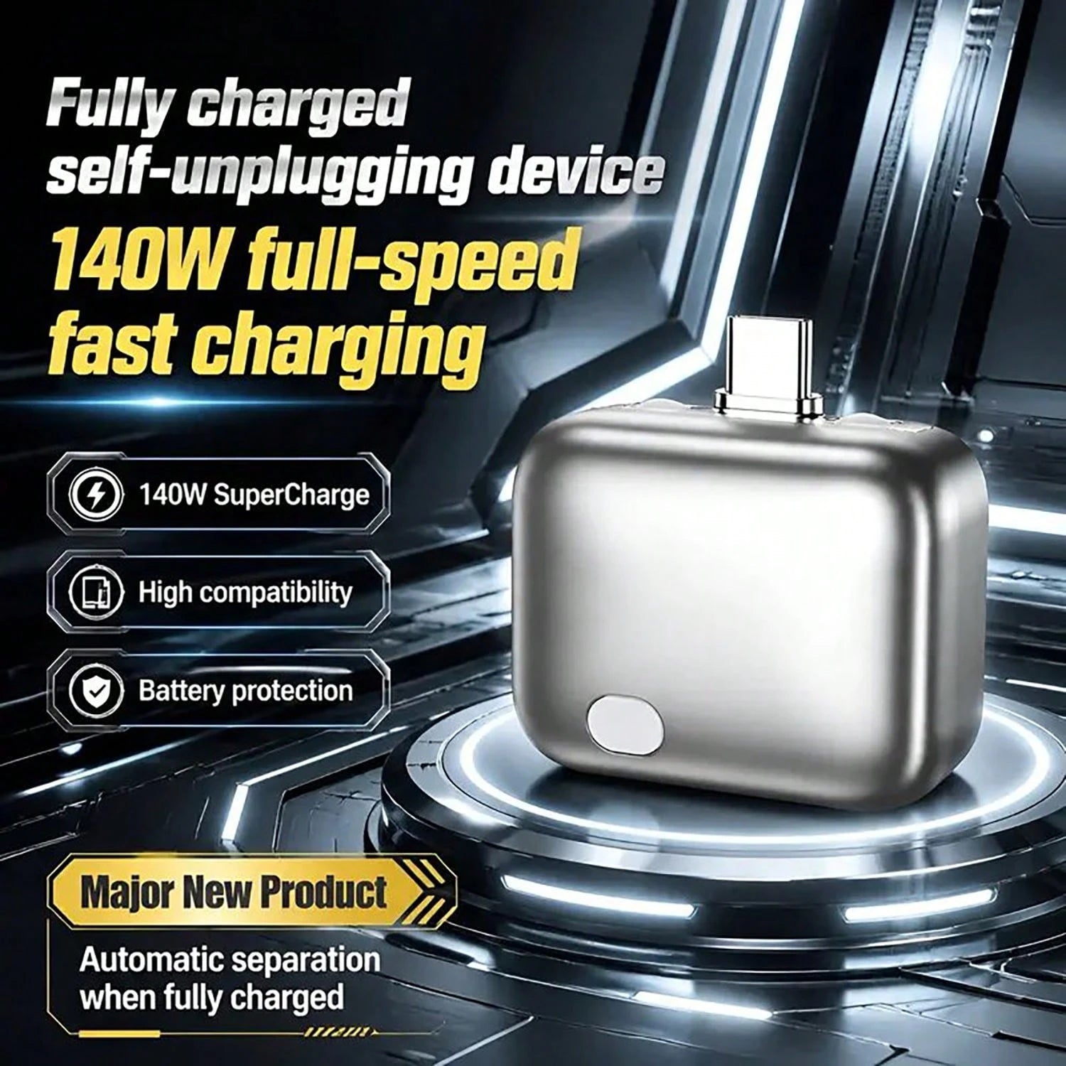 140W Type-C Physical-Disconnect Battery Guard- Auto & Self-Eject Charger, Smart Auto-Stop Charging Accessory Compatible With Smartphones, Laptops, Tablets, Anti-Overcharge Protect